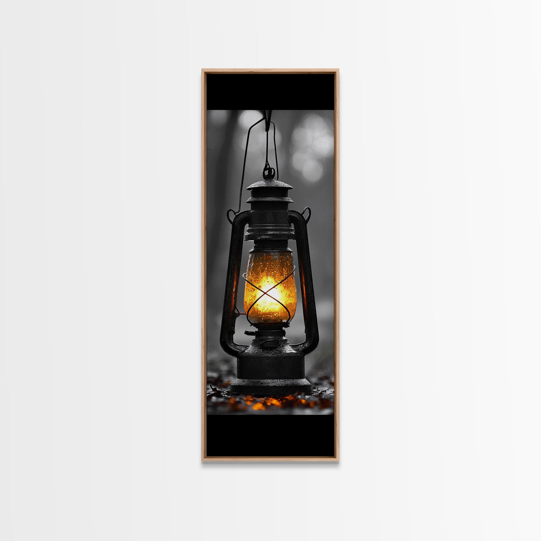 Vintage Lantern Glow, Moody Forest Scene, Rainy Night Light, Framed Canvas Print Rustic Entryway Wall Art, Autumn Warmth Art Style