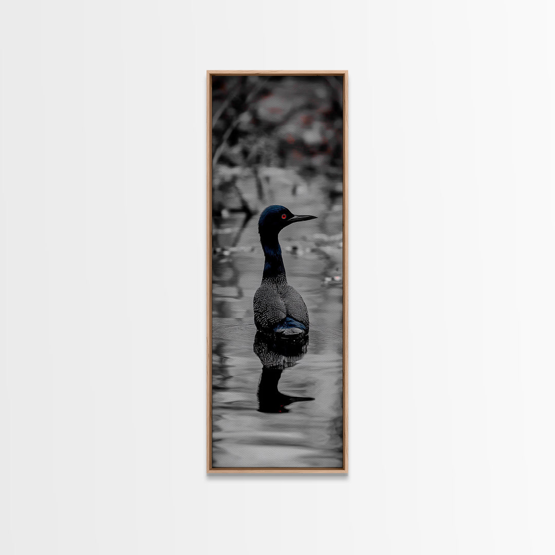 Blue Loon, Water Reflection, Elegant Bird, Lake Life Framed Canvas Print, cabin decor, nature wall art, minimalist bird art, office wall art