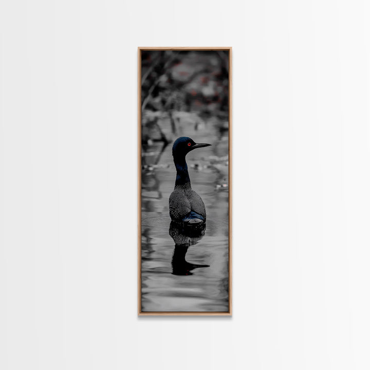 Blue Loon, Water Reflection, Elegant Bird, Lake Life Framed Canvas Print, cabin decor, nature wall art, minimalist bird art, office wall art
