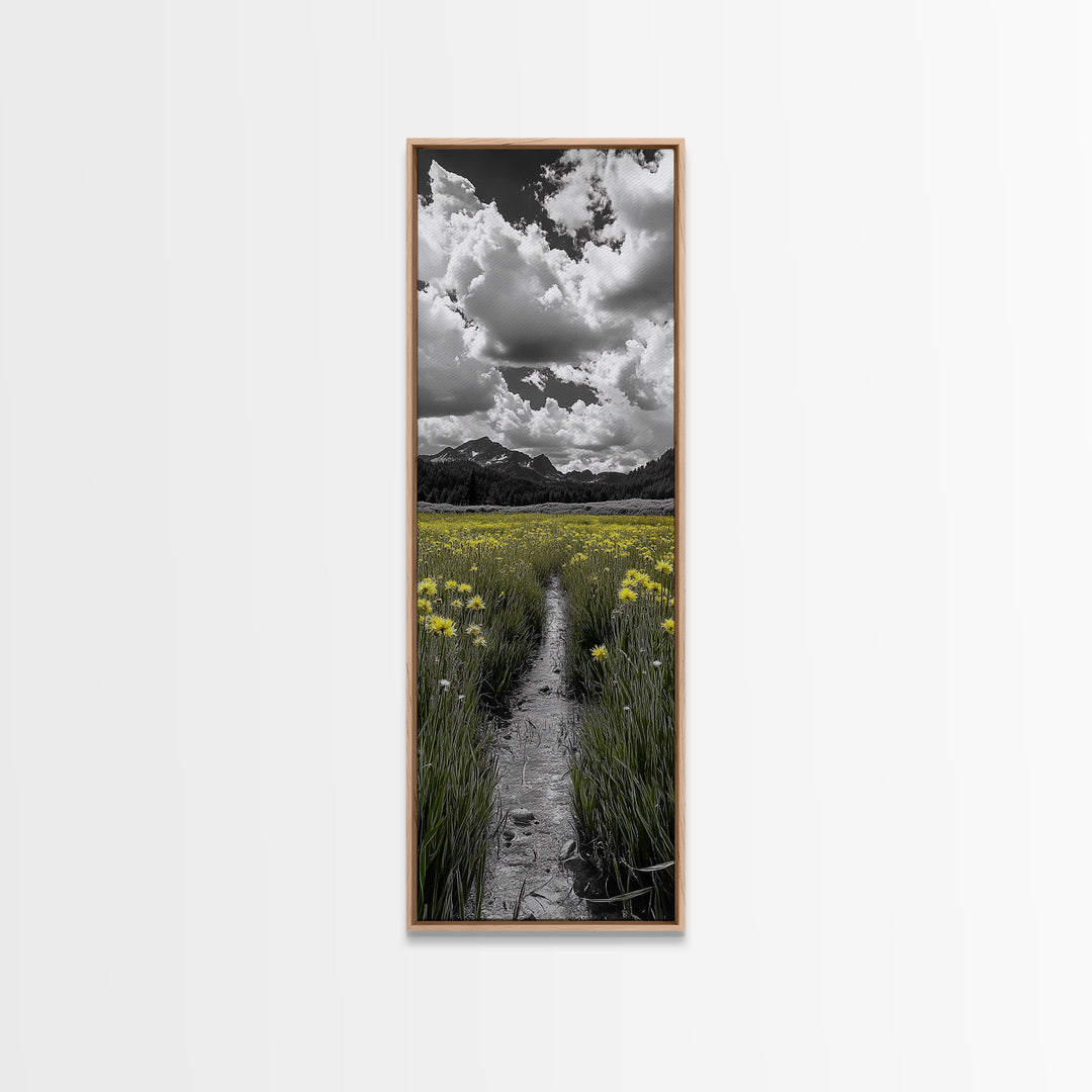 Yellow Field, Mountain Trail, Alpine Meadow, Bright Sky Framed Canvas Print, nature lover gift, landscape wall decor, cabin wall art
