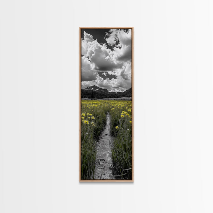 Yellow Field, Mountain Trail, Alpine Meadow, Bright Sky Framed Canvas Print, nature lover gift, landscape wall decor, cabin wall art