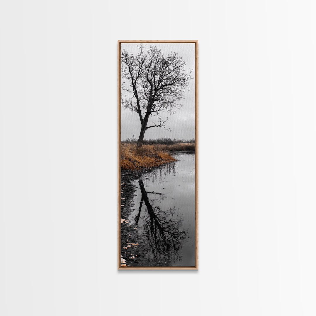 Bare Tree, Marsh Reflection, Autumn Tones, Moody Nature Framed Canvas Print, fall farmhouse wall art, rustic entryway decor, office wall art