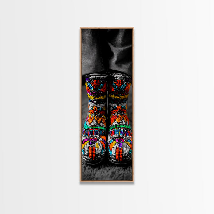 Beaded Boots, Bold Fashion, Cultural Style, Tribal Vibes, Framed Canvas Print, Boho art, Fashion Wall Art, Entryway Decor, Statement Piece