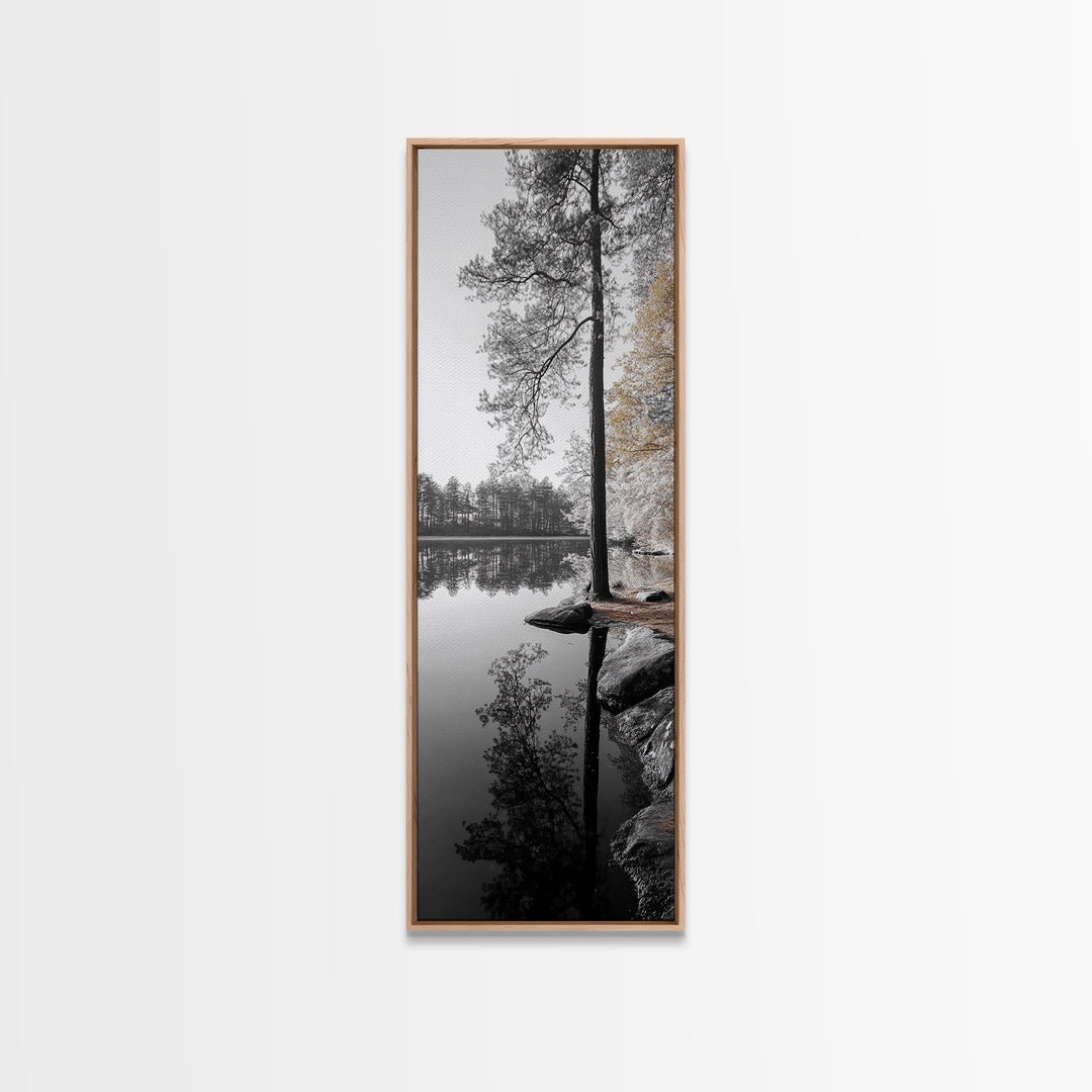 Serene Forest, Pine Reflection, Tranquil Lake, Autumn Vibe, Canvas Print, bedroom wall art, rustic neutral decor, nature minimalist