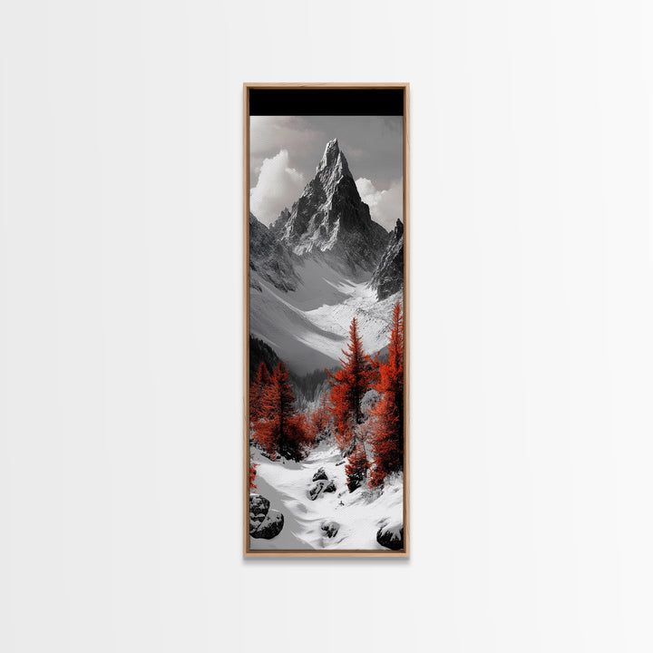 Red Trees, Snowy Mountain, Dramatic Landscape, Framed Canvas Print, Winter Wonderland Art, Office Wall Decor, Moody Nature Scene Print