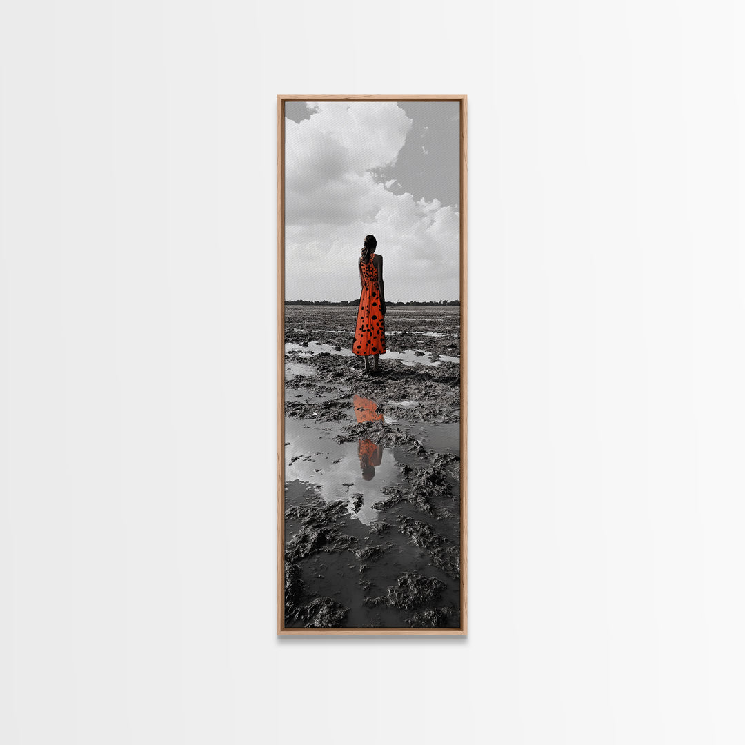 Solitary Woman, Polka Dot Dress, Reflected Mood, Framed Canvas Print, Surreal Fine Art, Bedroom Wall Art, Contemporary Minimalist Style