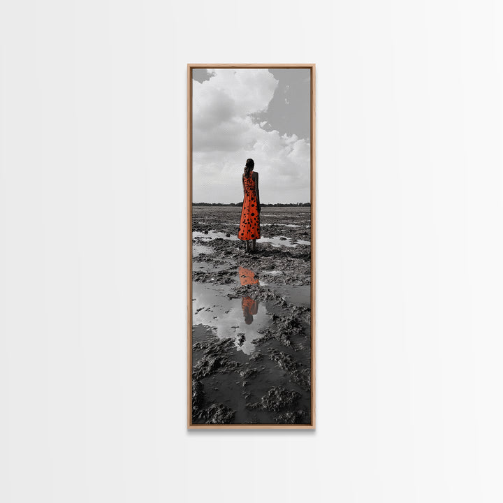 Solitary Woman, Polka Dot Dress, Reflected Mood, Framed Canvas Print, Surreal Fine Art, Bedroom Wall Art, Contemporary Minimalist Style
