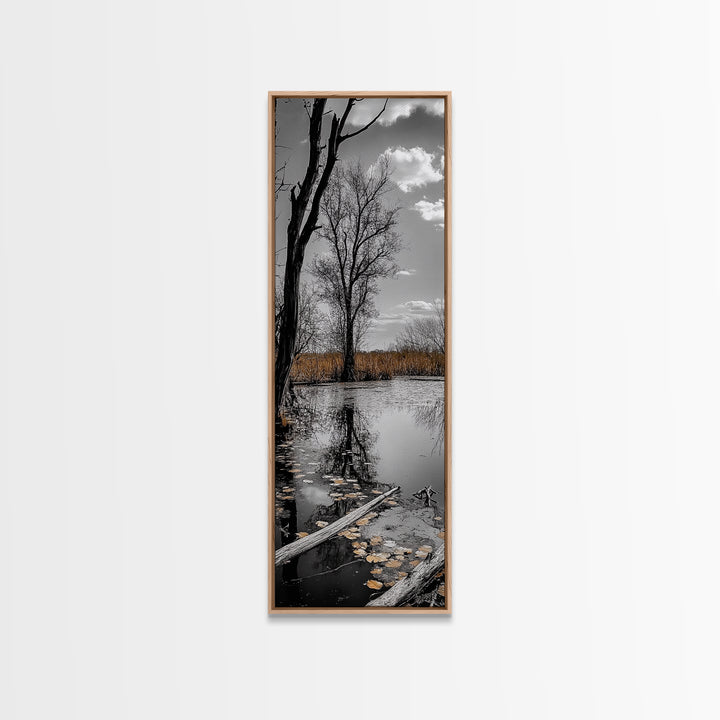 Swamp Trees, Moody Waters, Golden Lilies, Reflective Pond, Framed Canvas Print, Autumn Wall Art, Nature Decor, Living Room Landscape