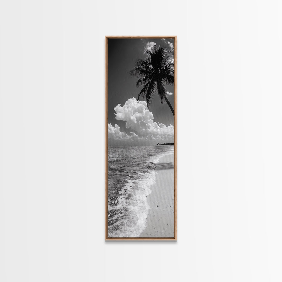 Tropical Palm, Beach Scene, Coastal Vibes, Framed Canvas Print, Relaxing Ocean Art, Bathroom Wall Decor, Minimalist Seaside Landscape