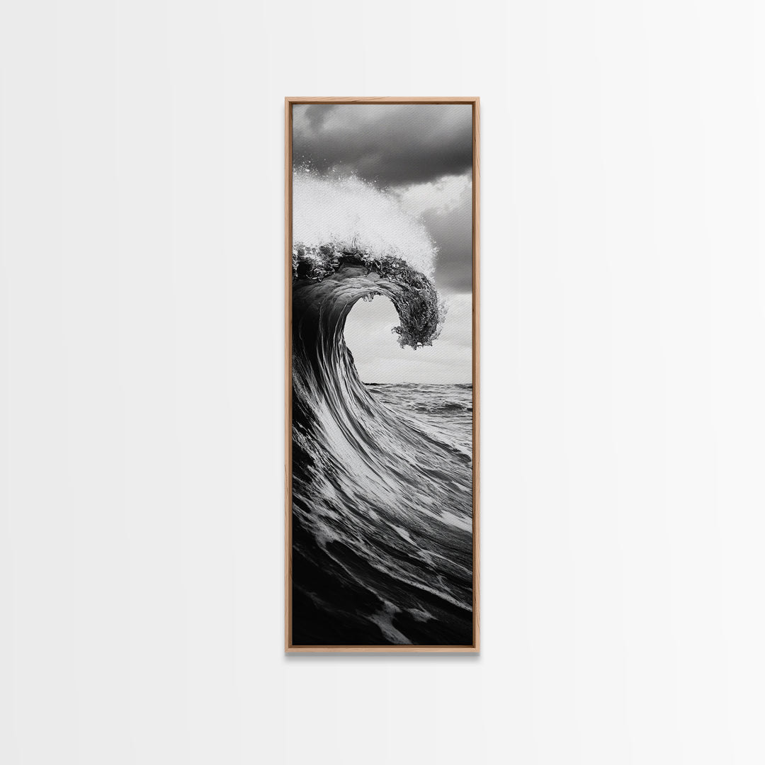 Ocean Wave, Monochrome Surf, Nature Power, Dramatic Sea, Framed Canvas Print, Coastal Wall Decor, Modern Bathroom Art, Minimalist Ocean Art