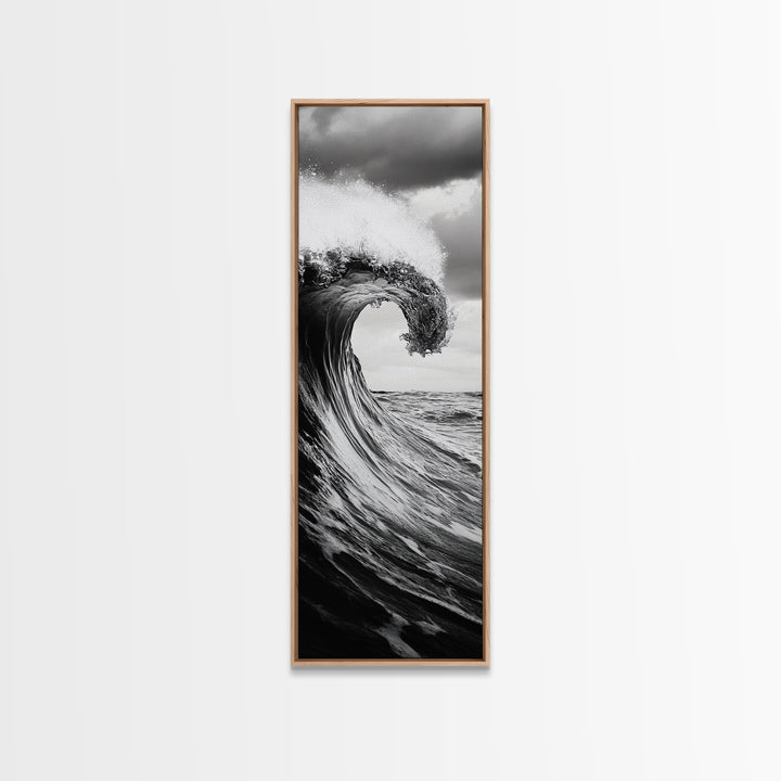 Ocean Wave, Monochrome Surf, Nature Power, Dramatic Sea, Framed Canvas Print, Coastal Wall Decor, Modern Bathroom Art, Minimalist Ocean Art