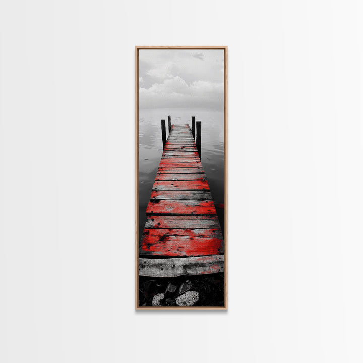 Red Dock, Still Water, Rustic Lake, Quiet Pier, Canvas Print, Bedroom Wall Art, Moody Lake Photography, Autumn Cabin Decor, Minimalist