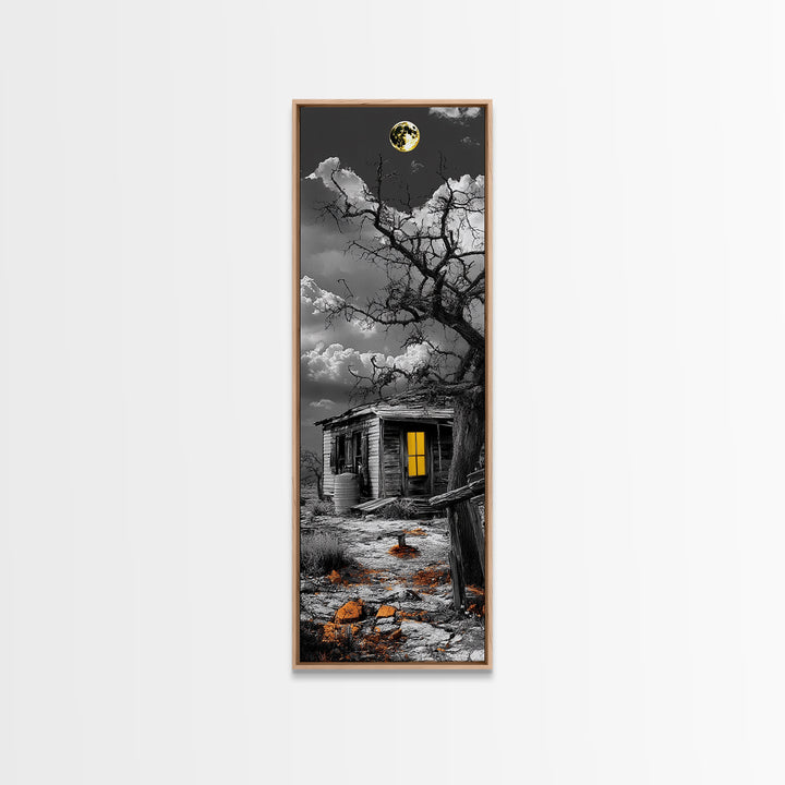 Haunted Cabin, Yellow Light, Full Moon, Framed Canvas Print, Halloween Wall Art, Gothic Decor, Spooky Home Accent, Fall Vibes