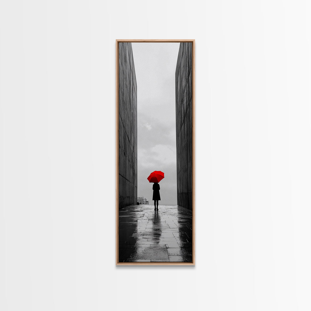 Red Umbrella, Rainy Day, Urban Silhouette, Framed Canvas Print, Minimalist Wall Art, Modern Entryway Decor, Monochrome Mood