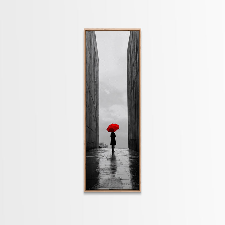 Red Umbrella, Rainy Day, Urban Silhouette, Framed Canvas Print, Minimalist Wall Art, Modern Entryway Decor, Monochrome Mood