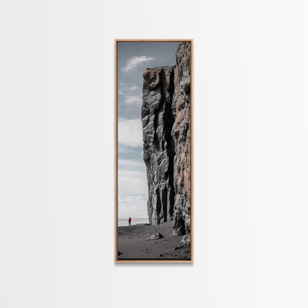 Cliff Wall, Ocean View, Lone Hiker, Rugged Coast, Framed Canvas Print, Adventure Art, Minimalist Decor, Office Wall Art, Modern Nature