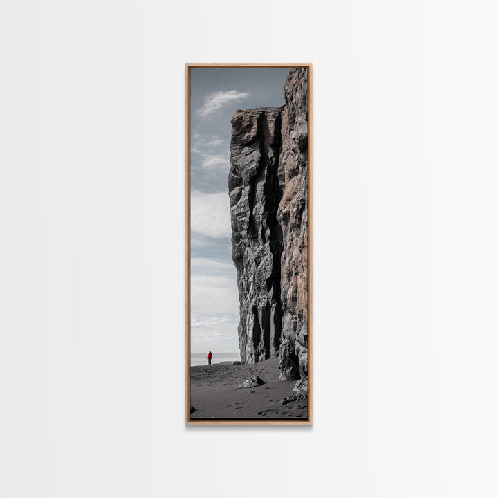 Cliff Wall, Ocean View, Lone Hiker, Rugged Coast, Framed Canvas Print, Adventure Art, Minimalist Decor, Office Wall Art, Modern Nature