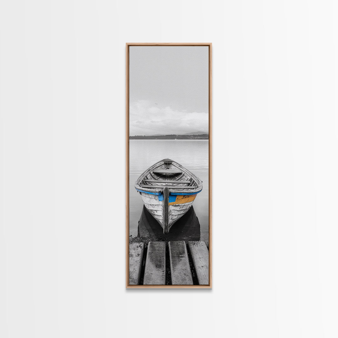 Rowboat Front, Calm Water, Lake Stillness, Serene View, Framed Canvas Print, Nautical Decor, Minimalist Art, Coastal Living Room