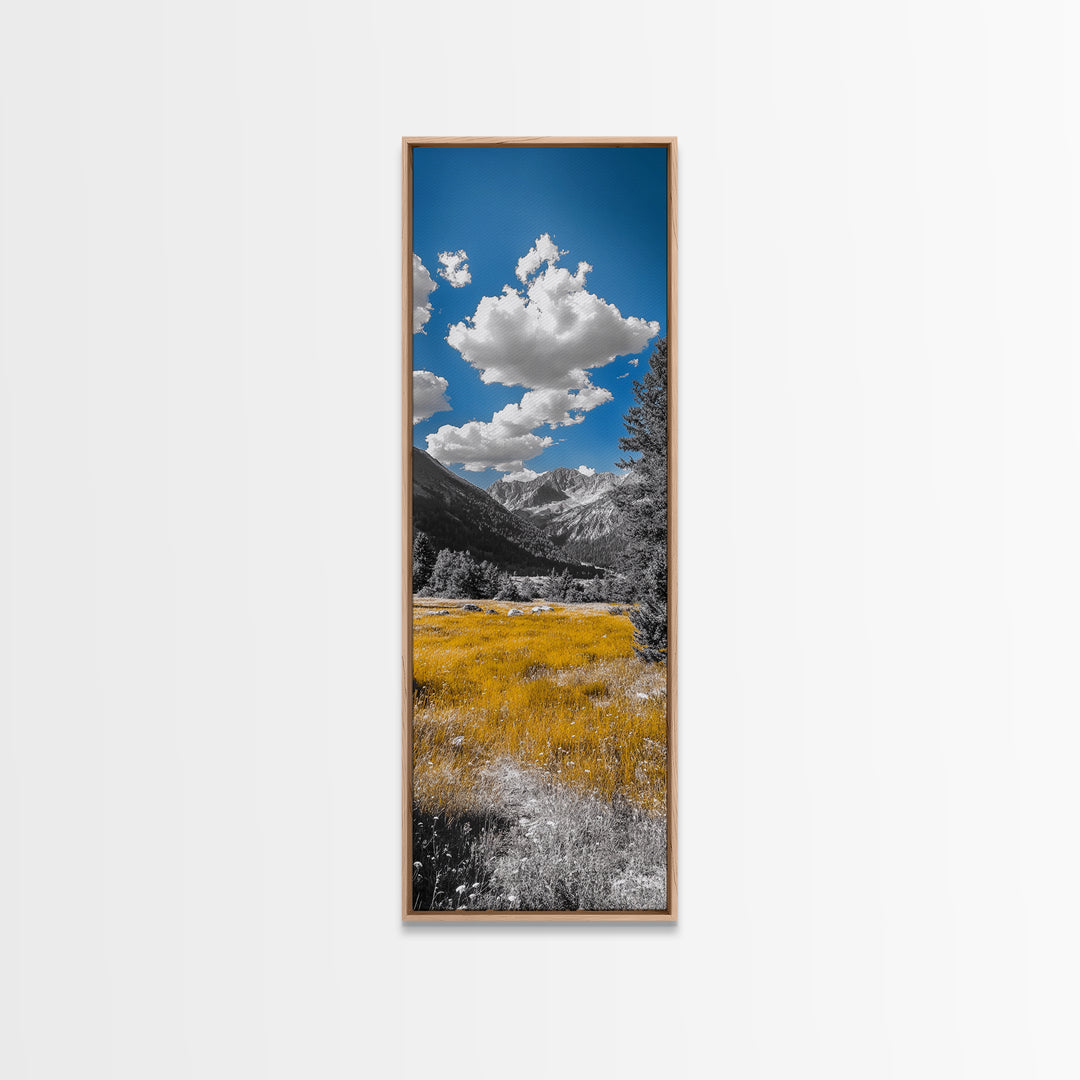 Golden Field, Mountain Range, Blue Sky, Framed Canvas Print, Autumn Landscape Art, Nature Lover Gift, Cabin Wall Art, Rustic Farmhouse Decor