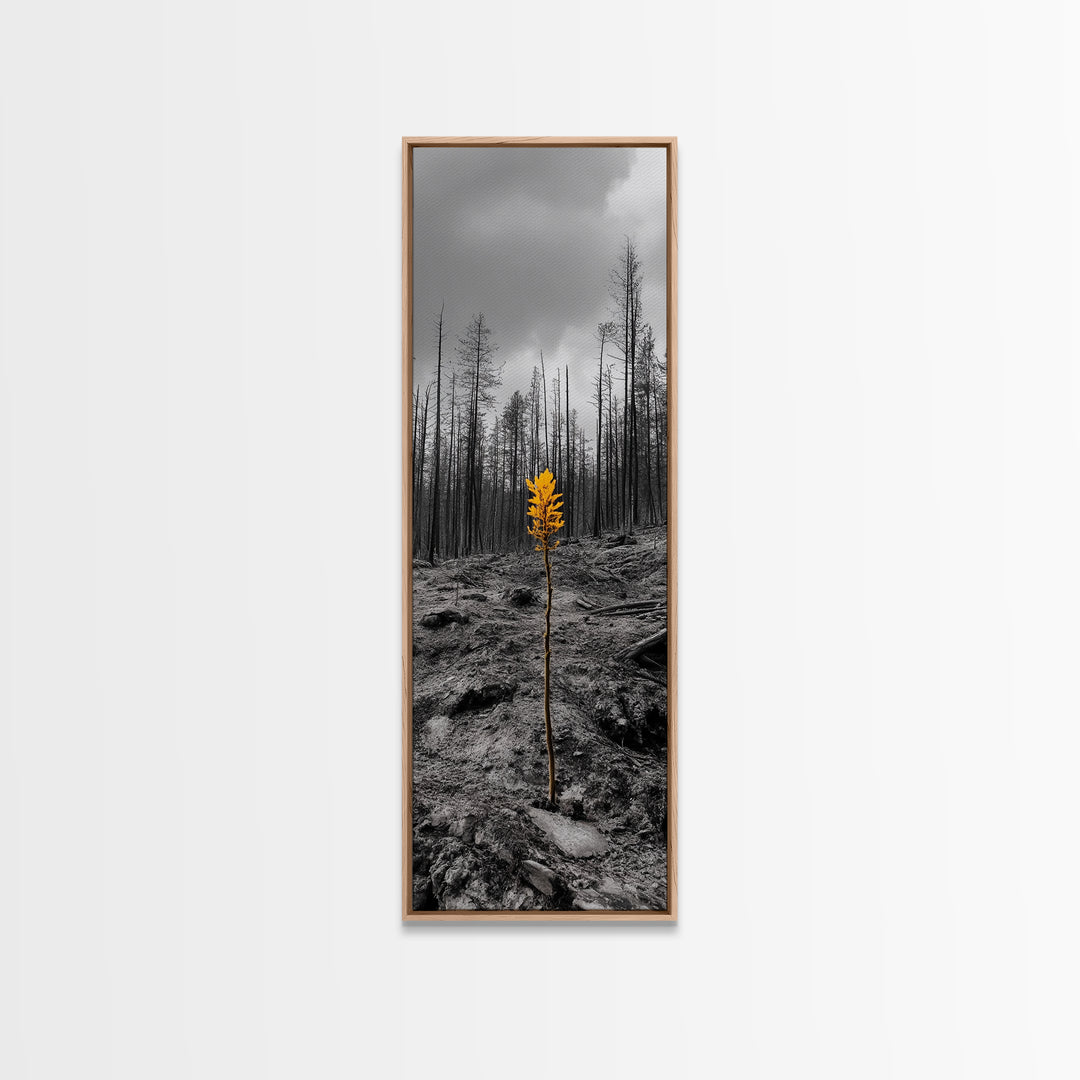 Lone Sprout, Forest Renewal, Emotional Nature Scene, Moody Landscape Art, Framed Canvas Print, Autumn Wall Decor, Rustic Nature Style