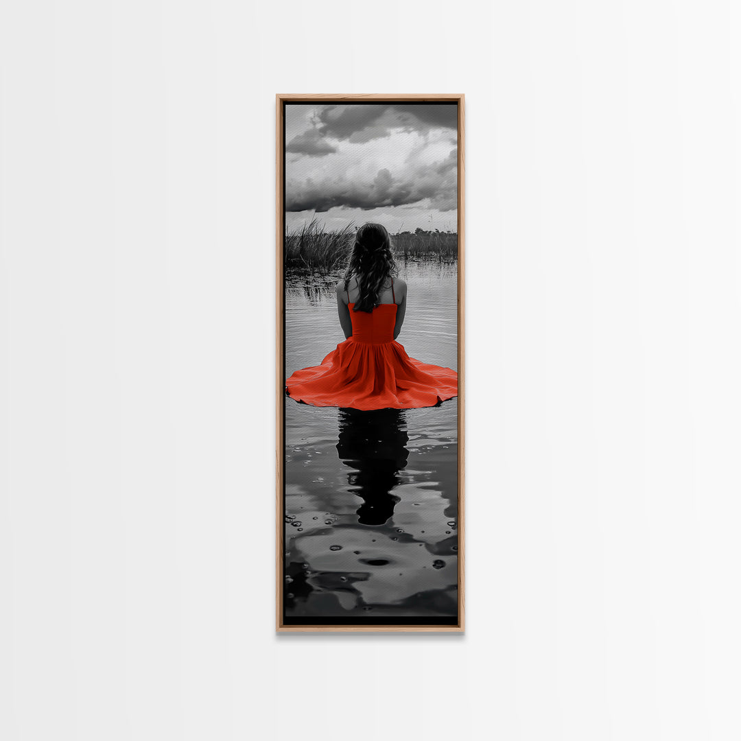 Woman in Red, Serene Lake, Moody Reflections, Dramatic Art Scene, Canvas Print, Bedroom Wall Art, Romantic Decor, Adventure Themed Ar