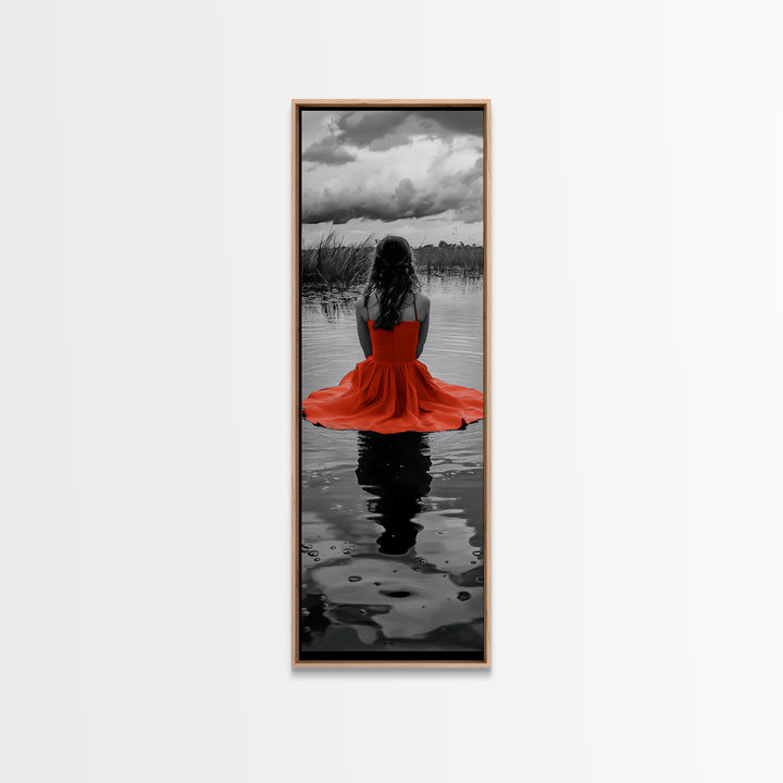 Woman in Red, Serene Lake, Moody Reflections, Dramatic Art Scene, Canvas Print, Bedroom Wall Art, Romantic Decor, Adventure Themed Ar
