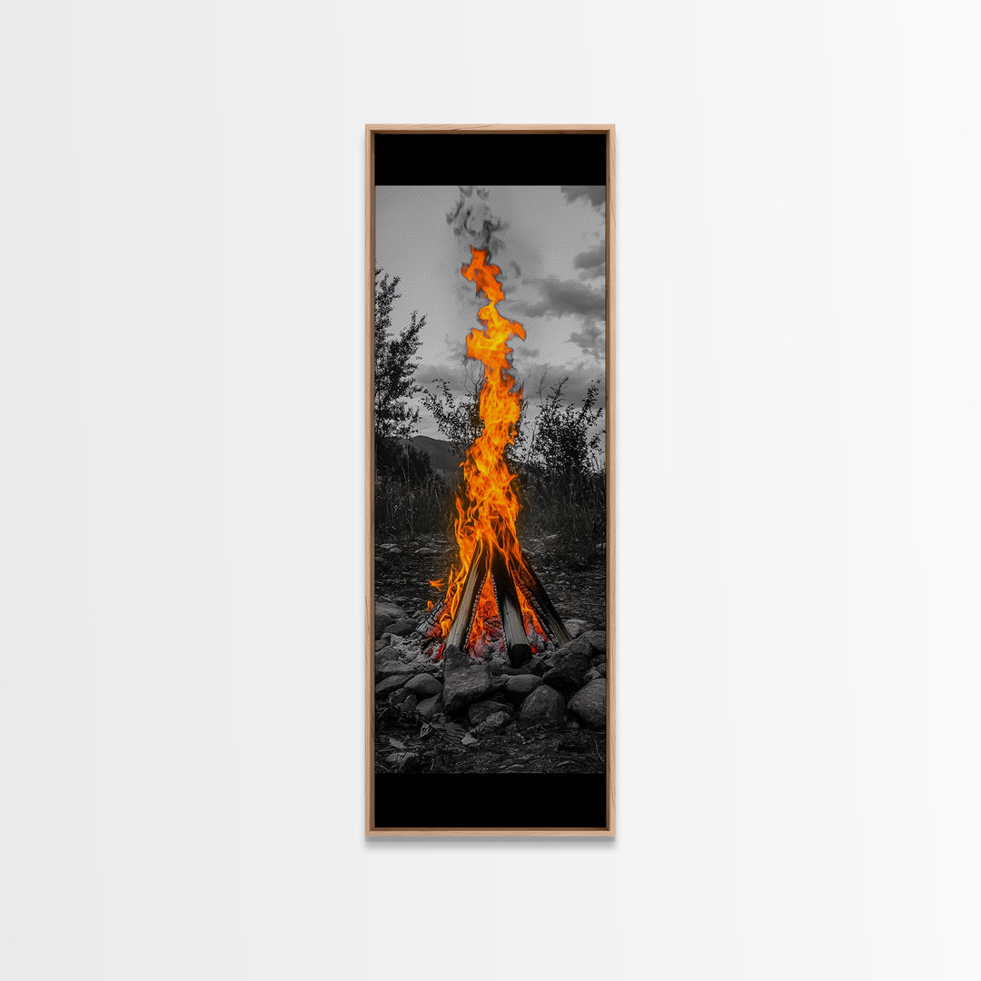 Towering Flame, Wild Fire Blaze, Dramatic Camp Scene, Canvas Print, Outdoor Wall Art, Autumn Adventure Decor, Rustic Nature Style