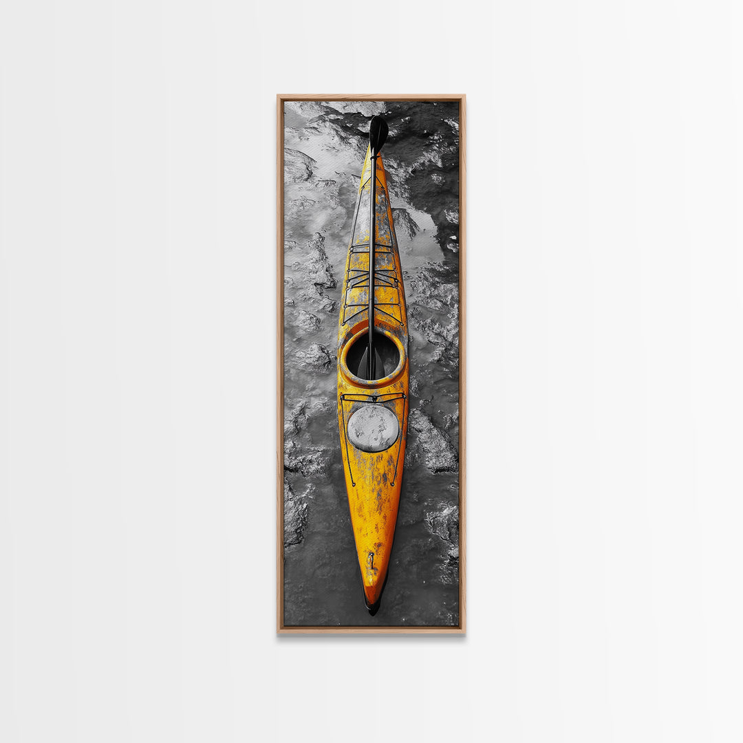 Yellow Kayak, Muddied Shoreline, Solo Adventure, Framed Canvas Print, Rustic Outdoors Decor, Autumn Wall Art, Boho Kayaking Style