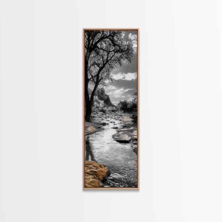 Desert Creek, Rocky Stream, Black and White Nature, Framed Canvas Print, Minimalist Southwest Art, Bedroom Decor, Monochrome Landscape