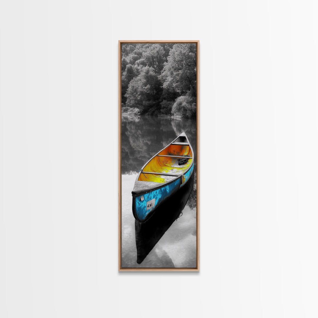 Blue and Yellow Canoe, Calm River Reflections, Rustic Boat Scene, Framed Canvas Print, Autumn Wall Art, Nature Inspired Decor
