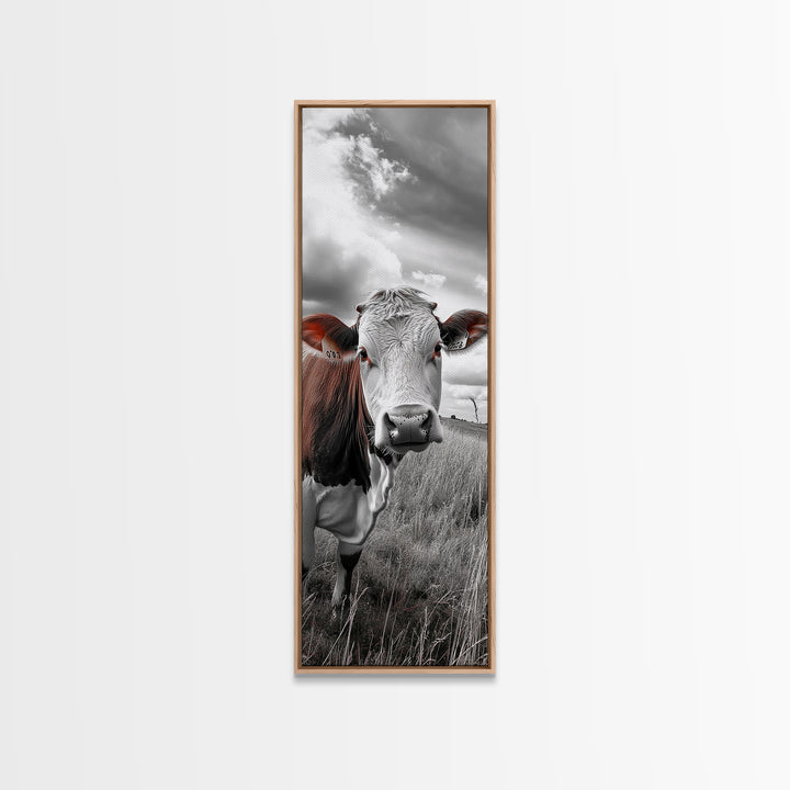 Curious Cow Portrait, Rustic Farmhouse Decor, Country Field Vibe, Framed Canvas Print, Western Wall Art, Kitchen or Dining Room Accent