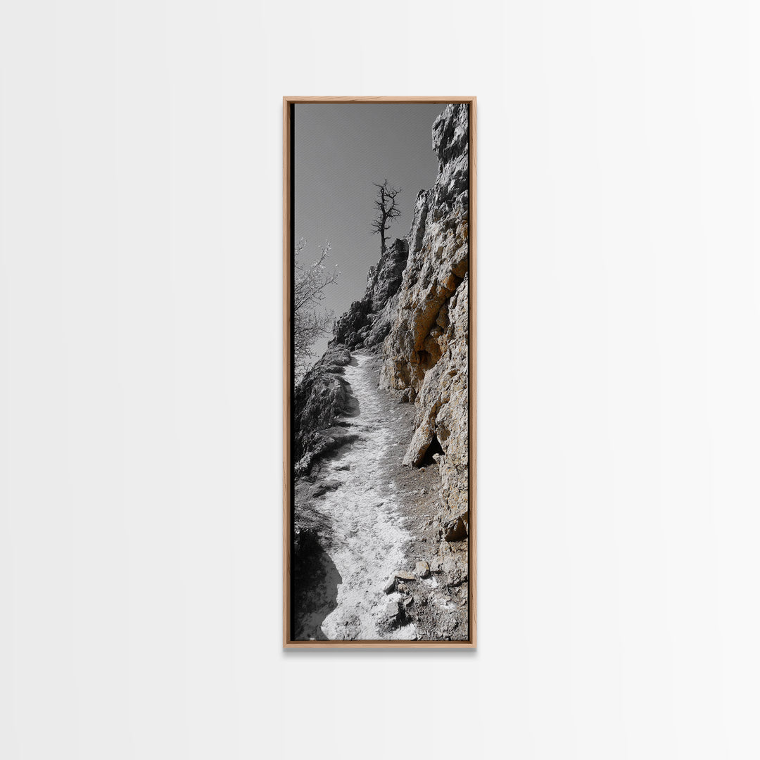 Cliff Pathway Art, Nature Trail Scene, Monochrome Rustic Landscape, Framed Canvas Print, Mountain Cabin Entryway Wall Decor