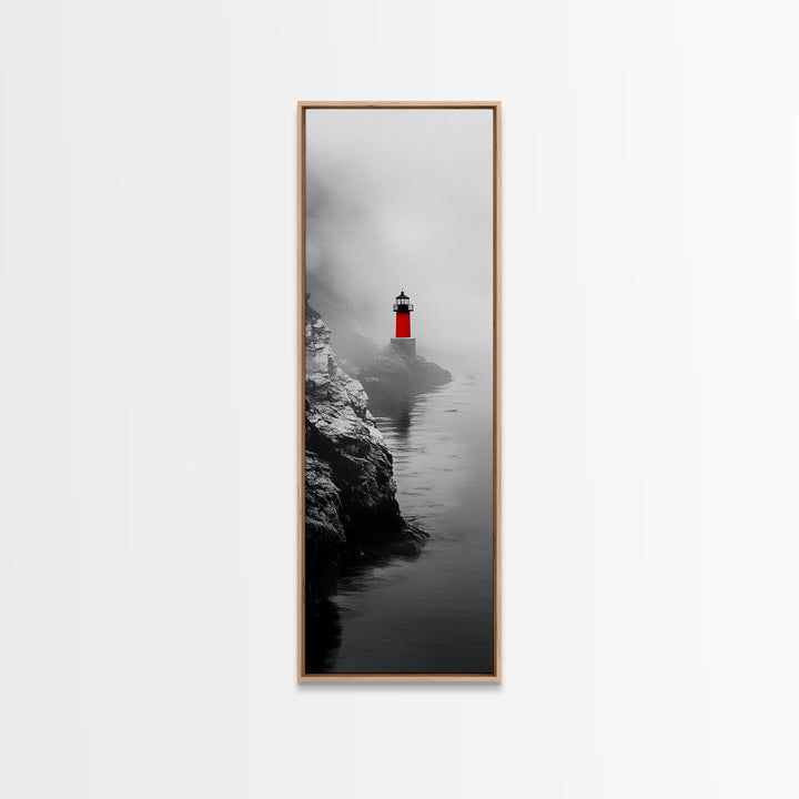 Misty Lighthouse View, Red Beacon Decor, Coastal Minimalist Art, Framed Canvas Print, Modern Seascape Living Room Wall Decor