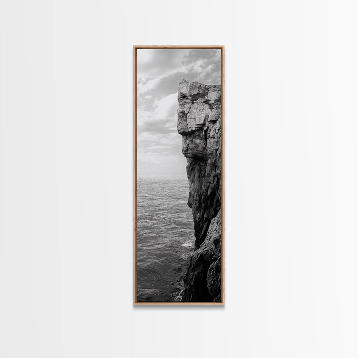 Ocean Cliff Edge, Rugged Coastline Art, Black White Landscape Print, Framed Canvas Print, Modern Seaside Office Wall Decor, Moody Landscape
