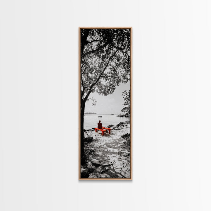 Lonely Figure, Red Bench, Reflective Scene, Peaceful Beach Wall Art, Framed Canvas Print, Black and White Photography, Zen Room Decor