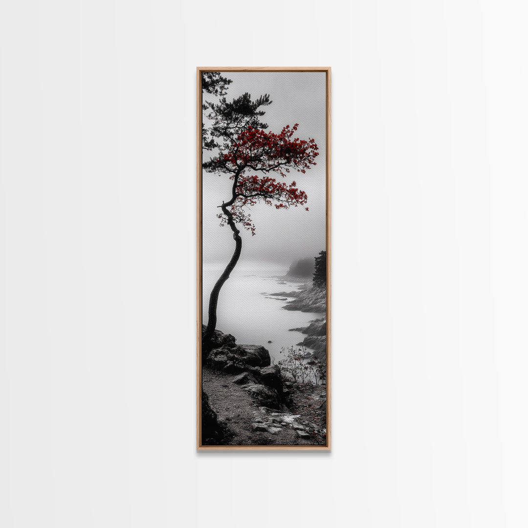 Curved Tree, Foggy Coastline, Red Leaves, Moody Nature Canvas Print, Autumn Landscape, Bedroom Wall Art, Minimalist Earthy Decor
