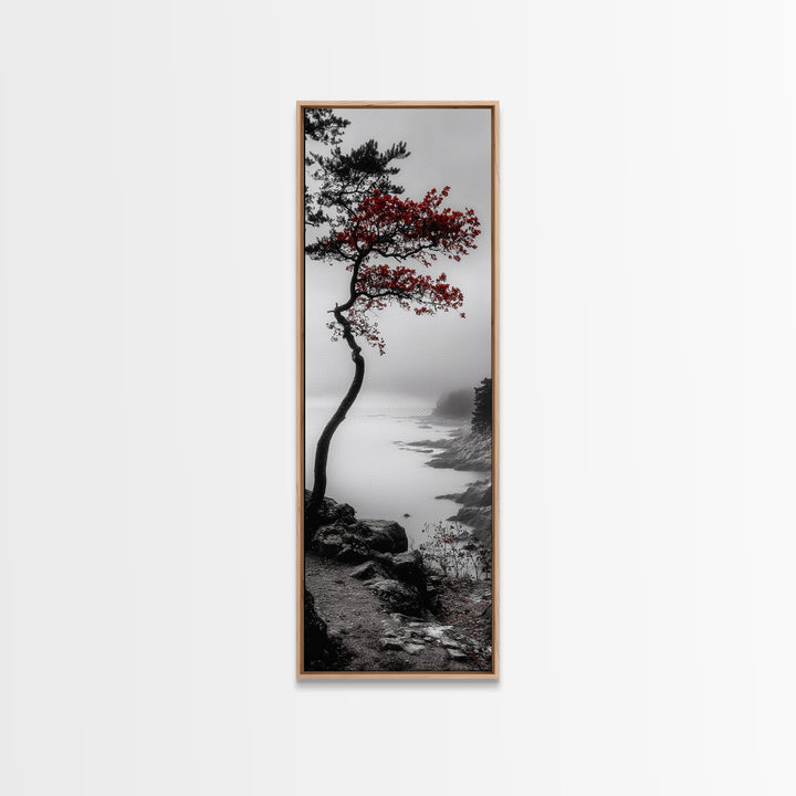 Curved Tree, Foggy Coastline, Red Leaves, Moody Nature Canvas Print, Autumn Landscape, Bedroom Wall Art, Minimalist Earthy Decor
