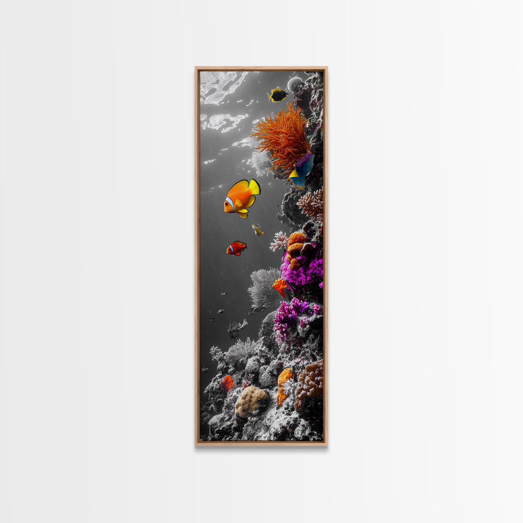 Clownfish Reef, Underwater Scene, Ocean Wall Decor, Coral Reef, Tropical Fish, Framed Canvas Print, Vibrant Bathroom Wall Art