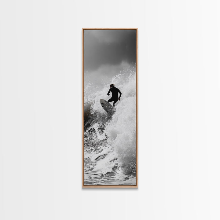 Surfer Wave, Extreme Sports, Ocean Power, Surf Culture, Dynamic Motion Shot, Framed Canvas Print, Coastal Teen Bedroom Wall Art
