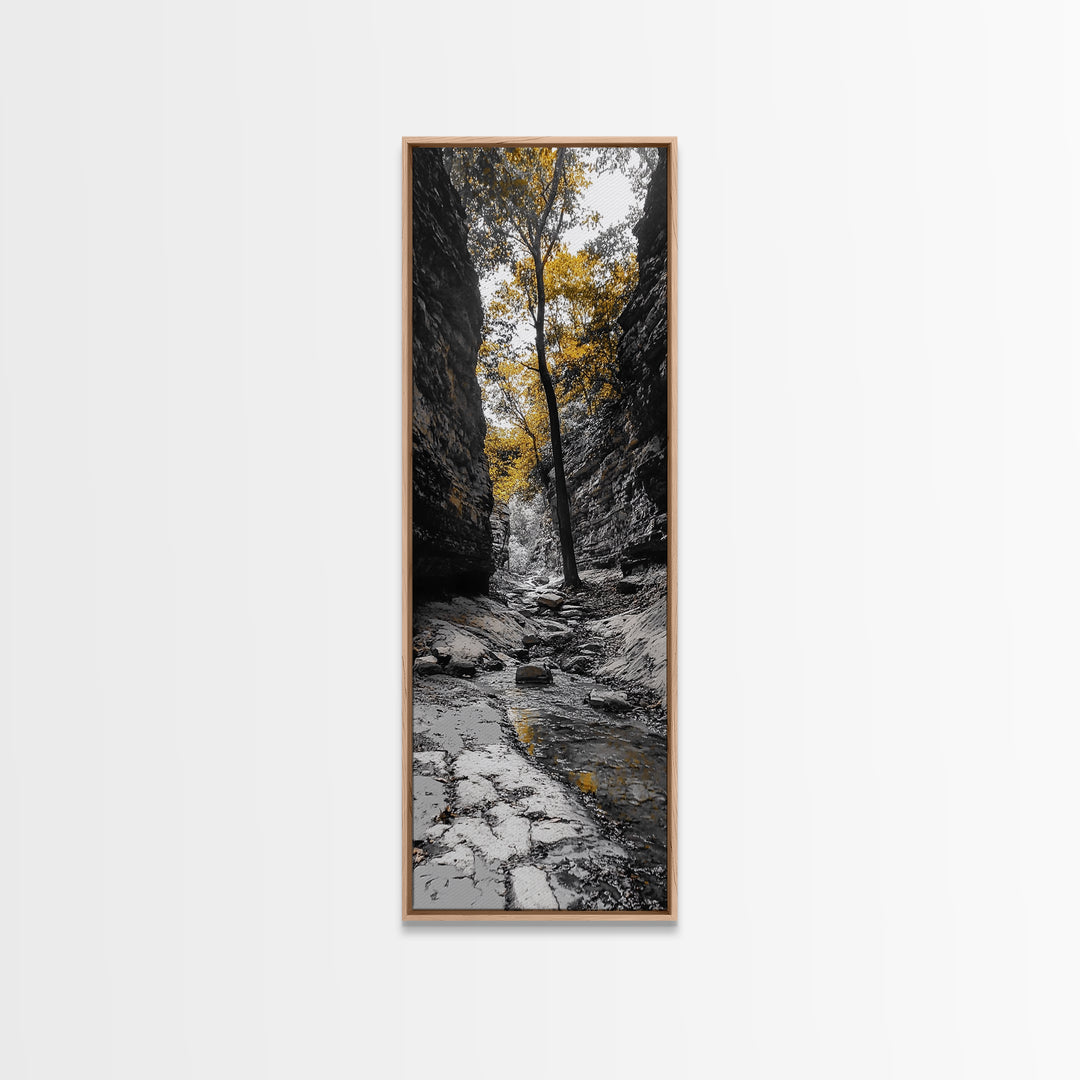 Autumn Gorge, Fall Stream, Yellow Trees, Nature Canyon Trail, Framed Canvas Print, Rustic Hallway Decor, Cozy Autumn Living Room Art