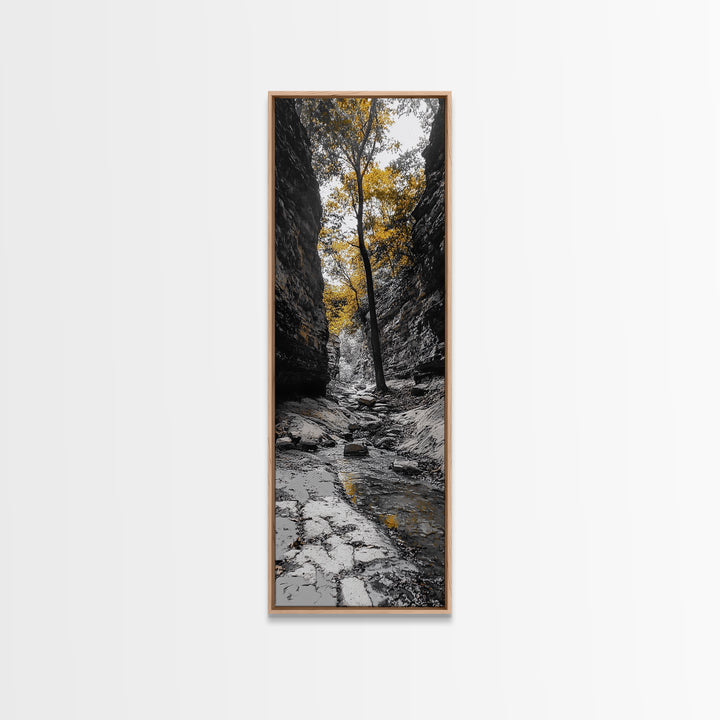 Autumn Gorge, Fall Stream, Yellow Trees, Nature Canyon Trail, Framed Canvas Print, Rustic Hallway Decor, Cozy Autumn Living Room Art