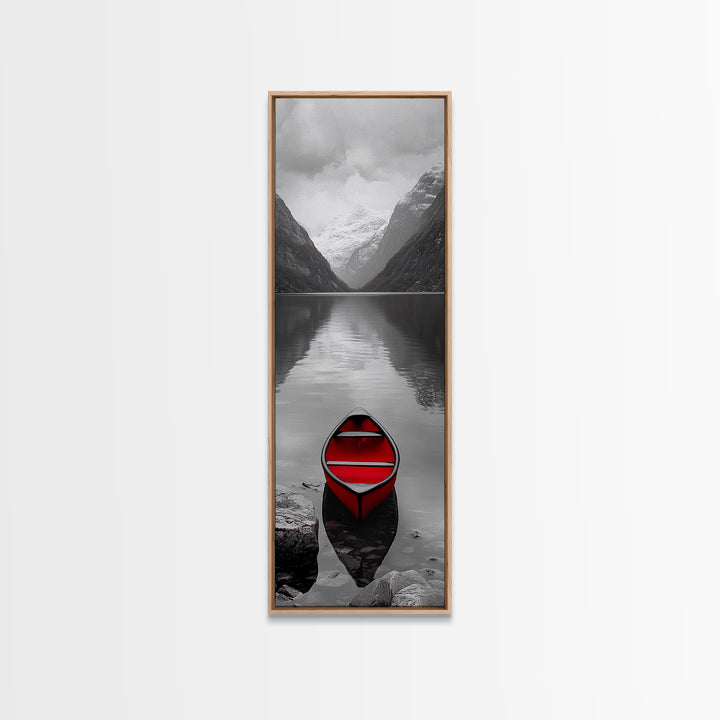 Red Canoe, Mountain Lake, Minimalist Reflection, Snowy Peaks, Framed Canvas Print, Nordic Cabin Wall Art, Serene Bedroom Decor