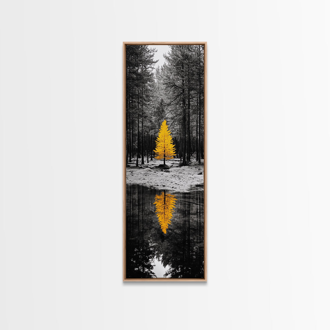Golden Tree, Forest Reflection, Autumn Solitude, Nature Focused Minimalism, Framed Canvas Print, Zen Bathroom or Office Wall Art