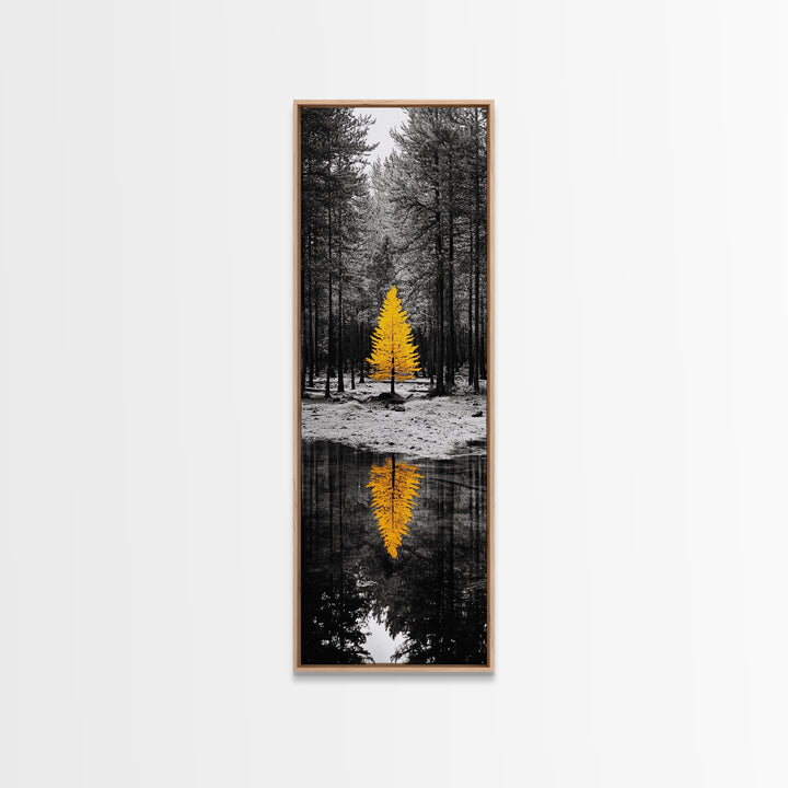Golden Tree, Forest Reflection, Autumn Solitude, Nature Focused Minimalism, Framed Canvas Print, Zen Bathroom or Office Wall Art