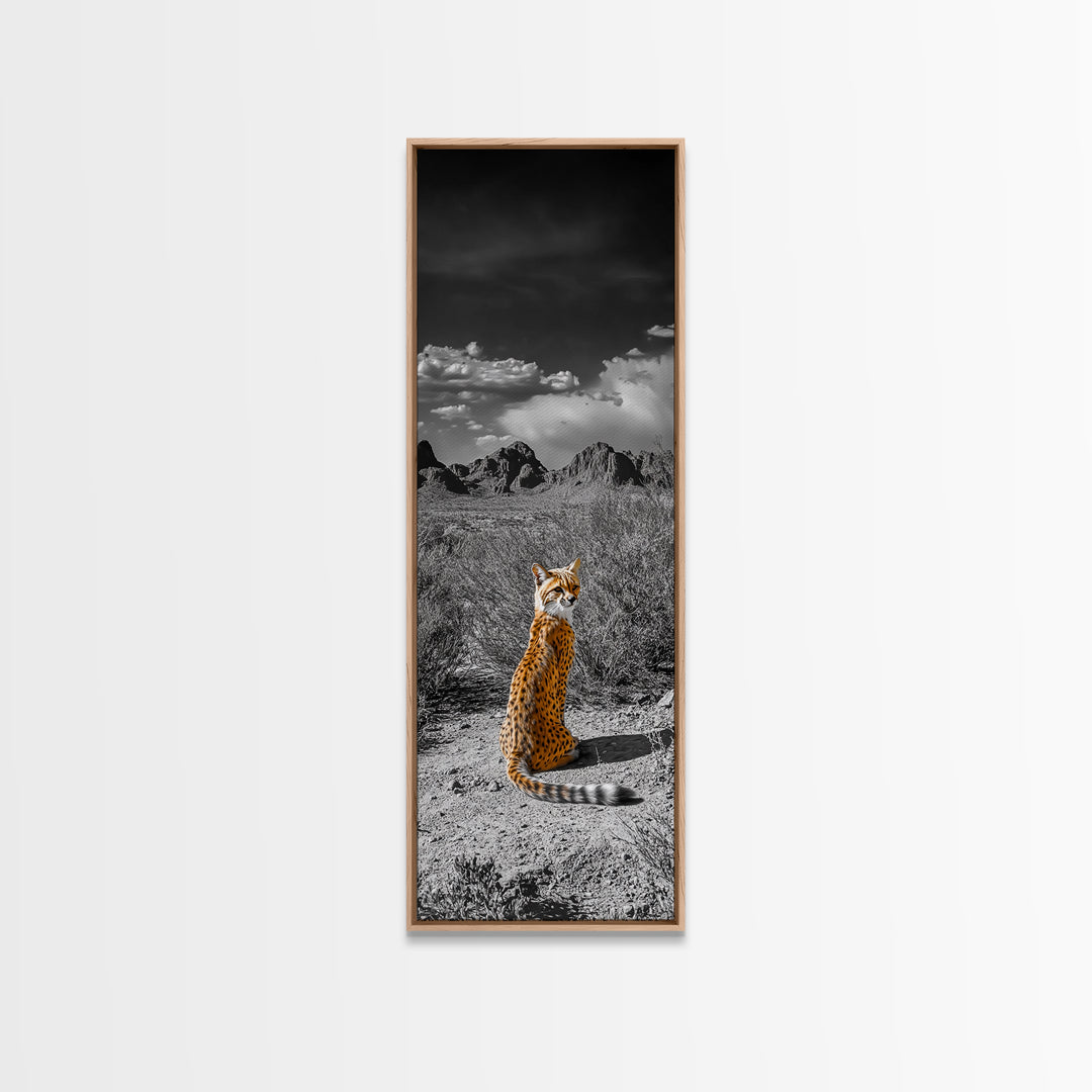 Wild Serval, Desert Cat, Savannah Wildlife, Majestic Predator, Framed Canvas Print, Safari Theme Living Room Wall Art, Modern Nature Decor