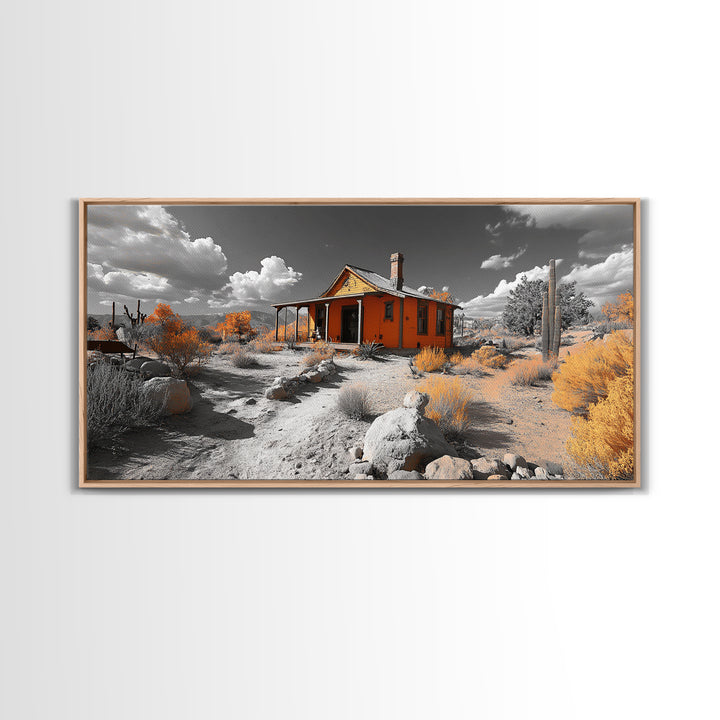 Desert Cabin, Rustic Southwest, Boho Landscape, Autumn Decor, Framed Canvas Print, Living Room Wall Art, Warm Earth Tones, Western Vibes