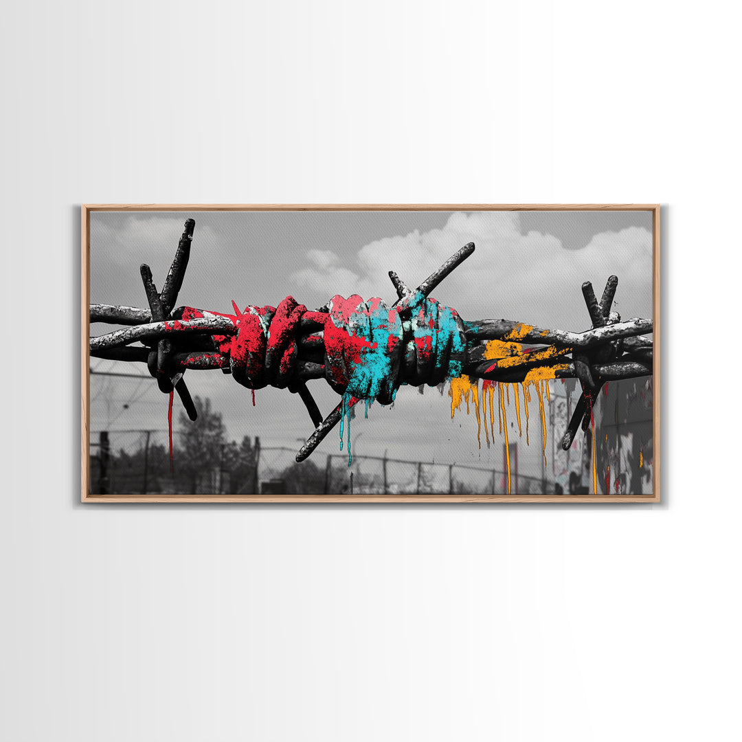 Barbed Wire, Graffiti Art, Urban Street Style, Grunge Decor, Framed Canvas Print, Industrial Wall Art, Dripping Paint, Mixed Media Style