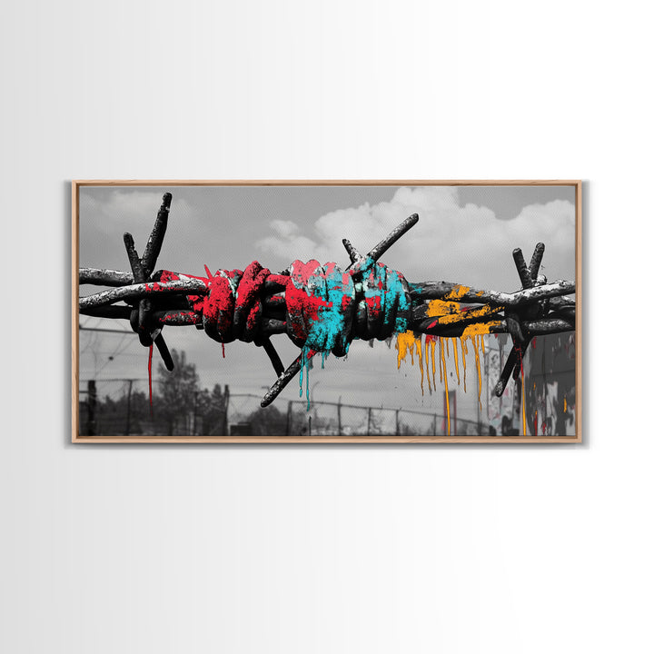Barbed Wire, Graffiti Art, Urban Street Style, Grunge Decor, Framed Canvas Print, Industrial Wall Art, Dripping Paint, Mixed Media Style