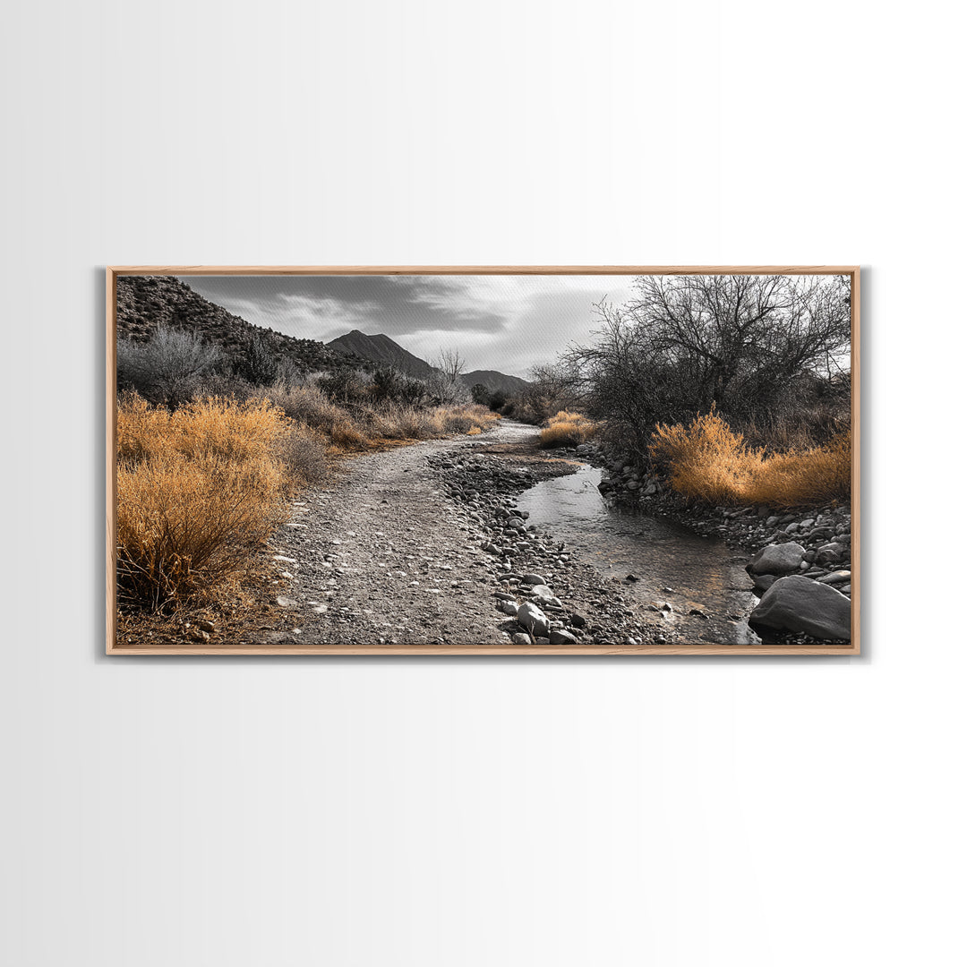 Autumn Path, Golden Bushes, Seasonal Stream, Fall Foliage, Framed Canvas Print, Cozy Entryway Decor, Rustic Wall Art, Nature Inspired