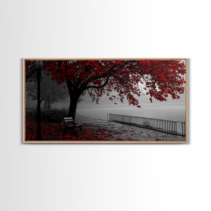 Autumn Bench, Leaves, Foggy park serenity meets bold red leaves in this Framed Canvas Print, ideal Autumn Bedroom Wall Art, Entryway Decor